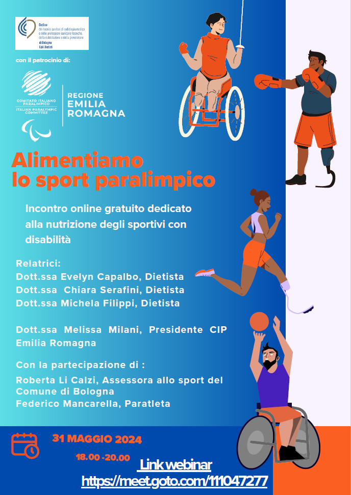 L'immagine è la locandina del webinar e riporta titolo, relatrici e atleti che prenderanno la parola con il link per partecipare. Le figure rappresentano alcuni atleti e atlete con disabilità.