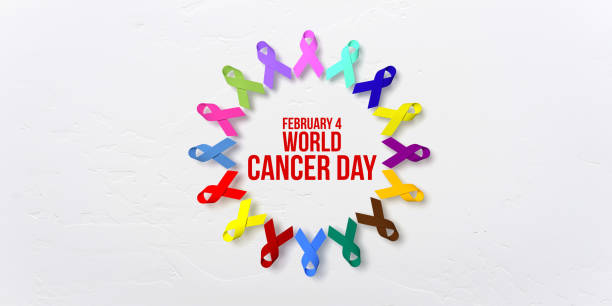 February 4 world cancer day text on Colorful cancer awareness ribbons in a circle on white background with large copy space.