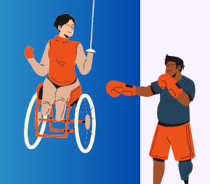 Sportivi con disabilità su sedia a rotelle e con protesi gamba